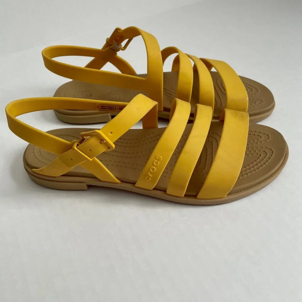 Crocs Tulum Strappy Sandals Size 6 Canary Yellow/Tan 206107 Adjustable Buckle - Picture 3 of 11